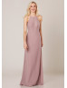 Halter Neck Mauve Chiffon Velvet Trim Bridesmaid Dress